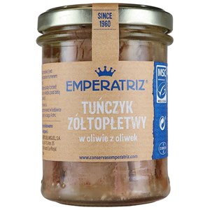 TUŃCZYK ŻÓŁTOPŁETWY FILETY MSC W OLIWIE Z OLIWEK 200 g (130 g) (SŁOIK) - EMPERATRIZ