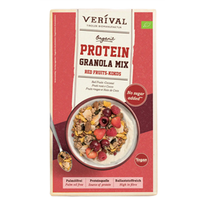 GRANOLA PROTEINOWA Z OWOCAMI CZERWONYMI I KOKOSEM BEZ DODATKU CUKRÓW BIO 300 g - VERIVAL